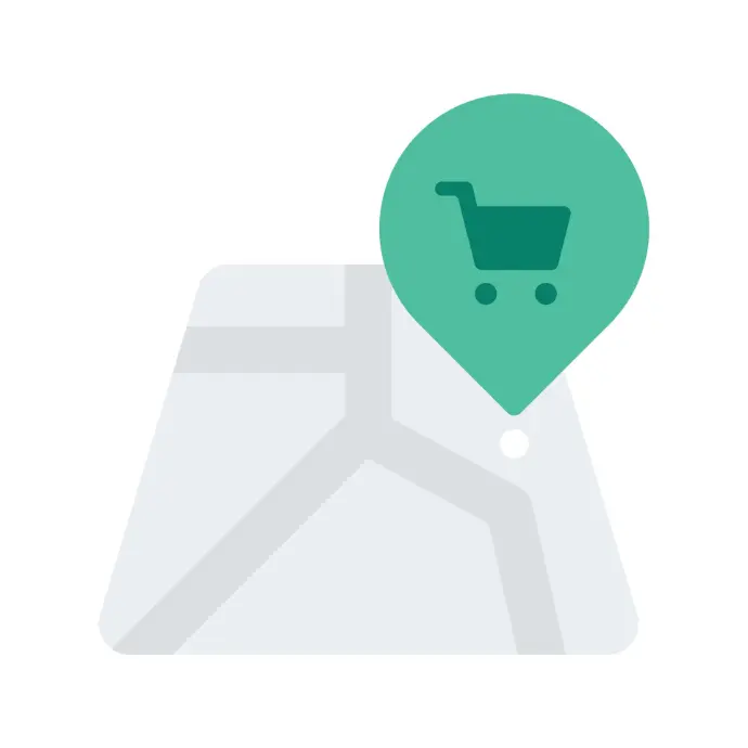 Icône moderne représentant une épingle de géolocalisation sur une carte, symbolisée par un panier d’achat vert. Cette illustration minimaliste et intuitive est idéale pour indiquer l’emplacement d’un magasin, d’une boutique en ligne, ou d’un service de livraison. Parfaite pour les applications mobiles, les sites e-commerce, ou les plateformes de géolocalisation, cette icône met en avant la facilité de trouver des points de vente ou des services à proximité. Utilisable pour les entreprises souhaitant améliorer leur visibilité locale et attirer des clients grâce à une signalétique claire et efficace.