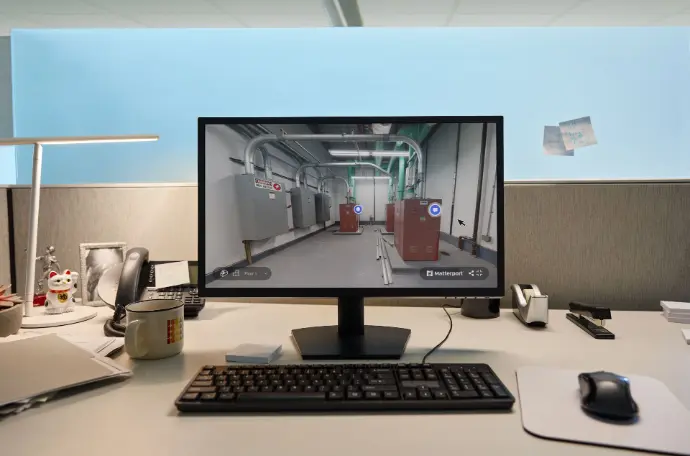 Un écran d&#39;ordinateur affiche une visite virtuelle immersive d&#39;un espace industriel, probablement un datacenter ou une salle technique. L&#39;image montre des couloirs équipés de serveurs et d&#39;équipements techniques, avec des points interactifs mis en évidence pour une exploration détaillée. Le bureau, équipé d&#39;un clavier, d&#39;une souris, d&#39;un téléphone et d&#39;objets décoratifs comme un chat porte-bonheur (Maneki-neko), évoque un environnement de travail moderne. Cette scène illustre parfaitement l&#39;utilisation de la réalité virtuelle et des technologies immersives pour les visites à distance, la maintenance ou la formation dans des environnements industriels.