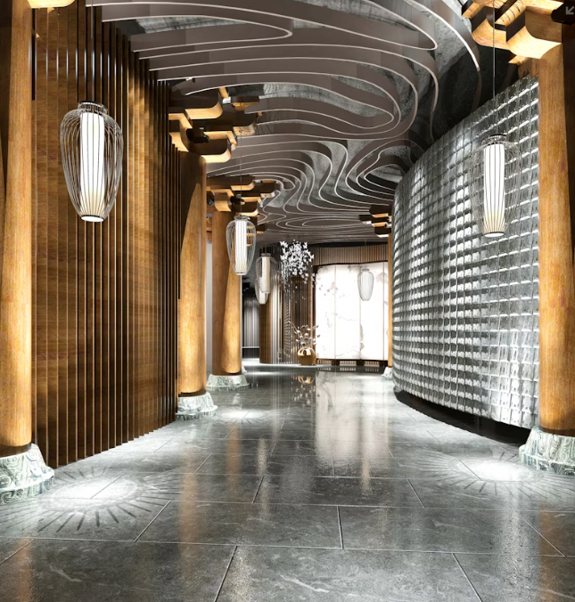 Intérieur design d’un couloir contemporain alliant élégance minimaliste et art mural abstrait : perspective sur un espace architectural épuré, marqué par des colonnes cylindriques en bois, un plafond organique aux courbes fluides, et un mur texturé en carrelage métallisé. Éclairage design avec des suspensions lanternes modernes et une œuvre murale en marbre blanc en fond. L’image, rehaussée d’éléments graphiques jaunes et noirs (formes géométriques abstraites), illustre parfaitement les tendances d’architecture d’intérieur haut de gamme, de design d’espace commercial (hôtels, galeries) ou de décoration luxueuse. Mots-clés associés : intérieur design moderne, corridor architectural, mur texturé métal, éclairage design lanterne, marbre décoratif, art abstrait géométrique, tendance déco 2025.